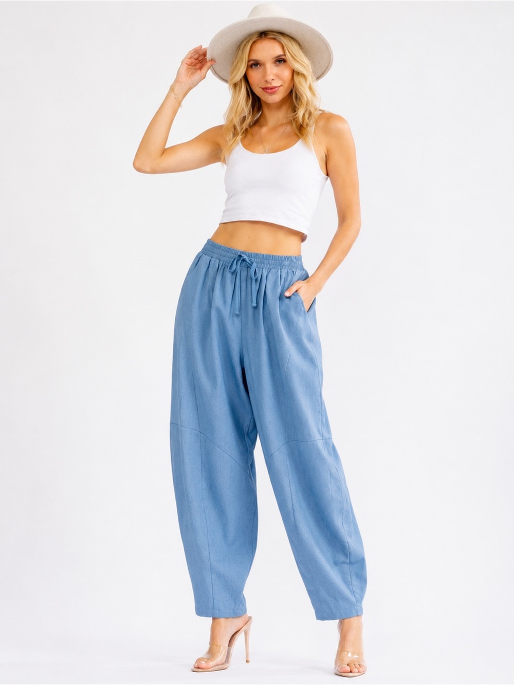 Wide leg barrel Linen blend pants in blue